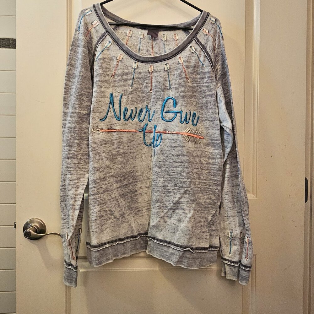 NEVER GIVE UP, Distressed Super Soft Lightweight Sweatshirt.
